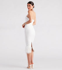 Marina Strapless Crepe Feather Trim Midi Dress