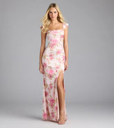 Alena Floral Satin Ruffle Sleeve Column Dress