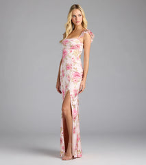 Alena Floral Satin Ruffle Sleeve Column Dress