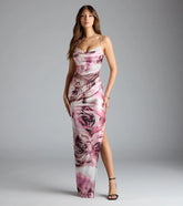 Solada Cowl Neck Slit Floral Satin Formal Dress