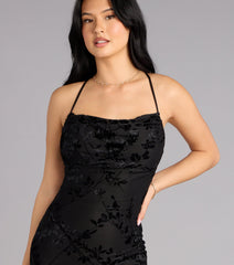 Alma Flocked Floral Mesh Mermaid Dress