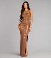 Tiana Metallic Halter Slit Formal Dress