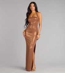 Tiana Metallic Halter Slit Formal Dress