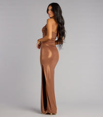 Tiana Metallic Halter Slit Formal Dress