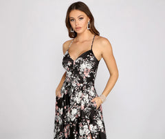 Eleanor Formal High Slit Floral Satin Dress