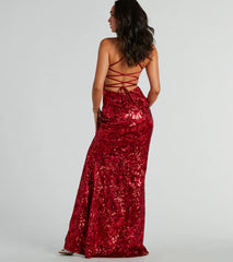 Marisol Lace-Up Column Sequin Satin Formal Dress