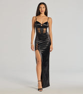 Megan Sweetheart Slit Lace Satin Formal Column Dress