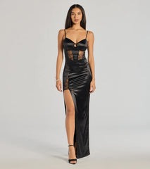 Megan Sweetheart Slit Lace Satin Formal Column Dress