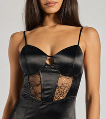 Megan Sweetheart Slit Lace Satin Formal Column Dress