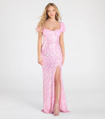 Amber Puff Sleeve Lace-Up Slit Sequin Formal Dress