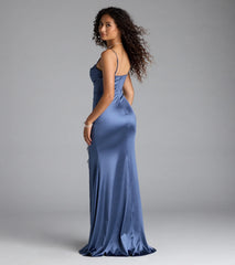 Catiana Cowl Neck Lace Slit Satin Formal Dress