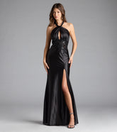 Brookelle Halter Applique Slit Satin Formal Dress