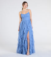 Katrina Ruffled Slit A-Line Glitter Mesh Formal Dress