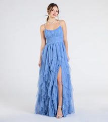 Katrina Ruffled Slit A-Line Glitter Mesh Formal Dress