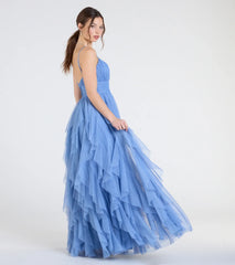 Katrina Ruffled Slit A-Line Glitter Mesh Formal Dress