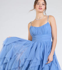 Katrina Ruffled Slit A-Line Glitter Mesh Formal Dress