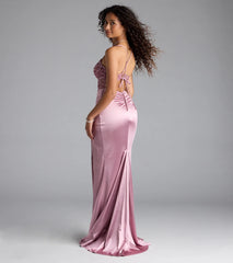 Tatianna Lace-Up Applique Slit Satin Formal Dress