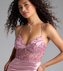 Tatianna Lace-Up Applique Slit Satin Formal Dress