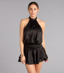Sashay In Satin Halter Ruffle Mini Dress