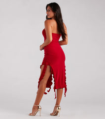 Flirtatious Aura Ruffled High Slit Midi Dress