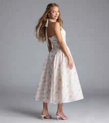 Sunny Daze Charm Halter V-Neck Floral A-Line Midi Dress