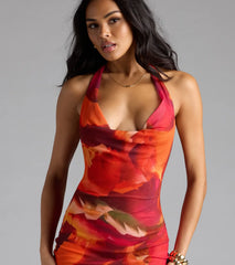 Island Style Tropical Halter Mesh Maxi Dress