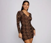 Sultry Ruched Snake Print Mini Dress