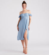 Just Peachy Keen Off-The-Shoulder Midi Dress