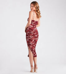 Fresh In Floral Ruched Mesh Midi Dress