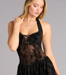 Sweet But Sultry Flocked Floral Mesh Skater Dress