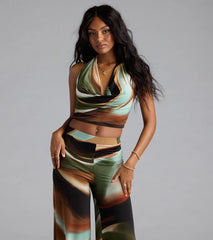 Sultry Effect Abstract Cowl Halter Crop Top