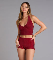 Shine Check Rhinestone Halter Crop Top