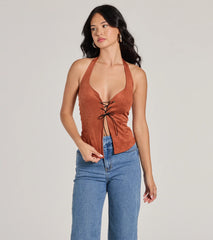 Country Girlie Halter Lace-Up Faux Suede Crop Top