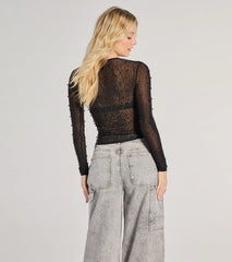 Sheer Glitz Long Sleeve Beaded Rhinestone Crop Top