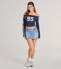 95 Graphic Off-The-Shoulder Striped Crop Top