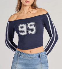 95 Graphic Off-The-Shoulder Striped Crop Top
