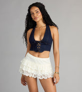 Serving Attitude Denim Halter Lace Up Crop Top