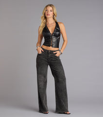 Alluring Edge Faux Leather Lace-Up Halter Top