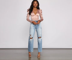 Chic Satin Puff Shoulder Corset Top