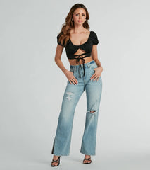 Around Town Puff Sleeve Tie-Front Satin Crop Top
