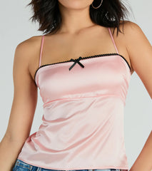 Cute Mentality Lace-Up Satin Cami Tank Top