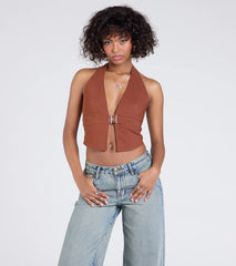 Sultry Trend Buckle Strap Halter Crop Top