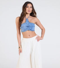 Western Star Halter Studded Denim Crop Top