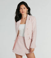 Preppy Beauty Tweed Faux Pearl Button Plaid Blazer