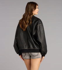 Vintage Chic Faux Leather Oversized Bomber Jacket