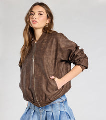 Edgy Cutie Distressed Faux Leather Bomber Jacket