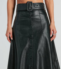 On The Go Girl Faux Leather A-Line Midi Skirt