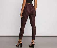 High Waist Snap Front Plaid Skinny Pants