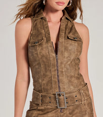 Chic Adventure Distressed Faux Leather Belted Romper