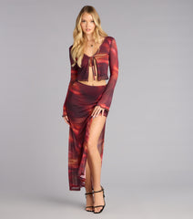 Sunset Glow Abstract Print Mesh Maxi Skirt
